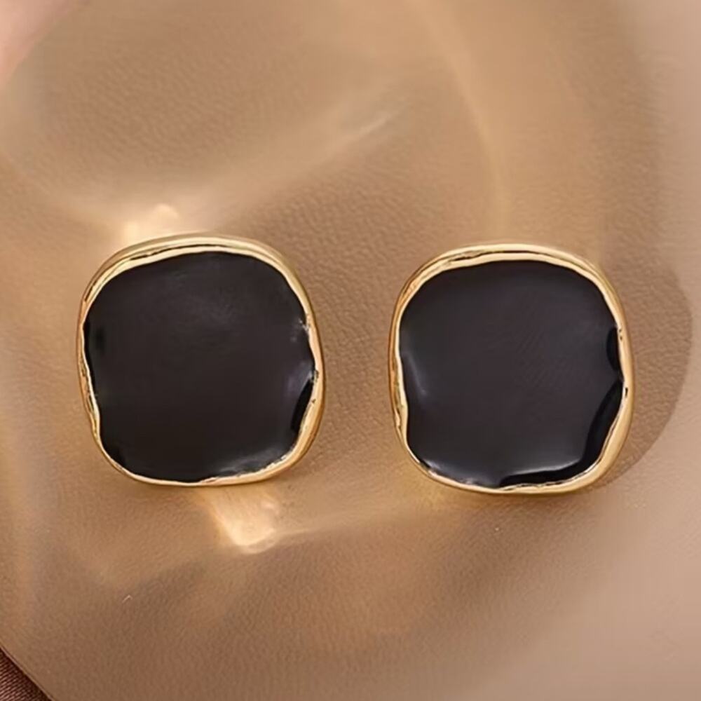 Black Enamel Stud Earrings Gold